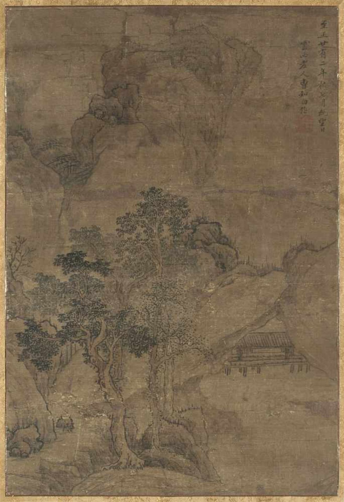 Cao Zhibai (1271–1355), zugeschrieben Tusche und Farbe auf Seide. Landschaft mit Pavillon zwischen