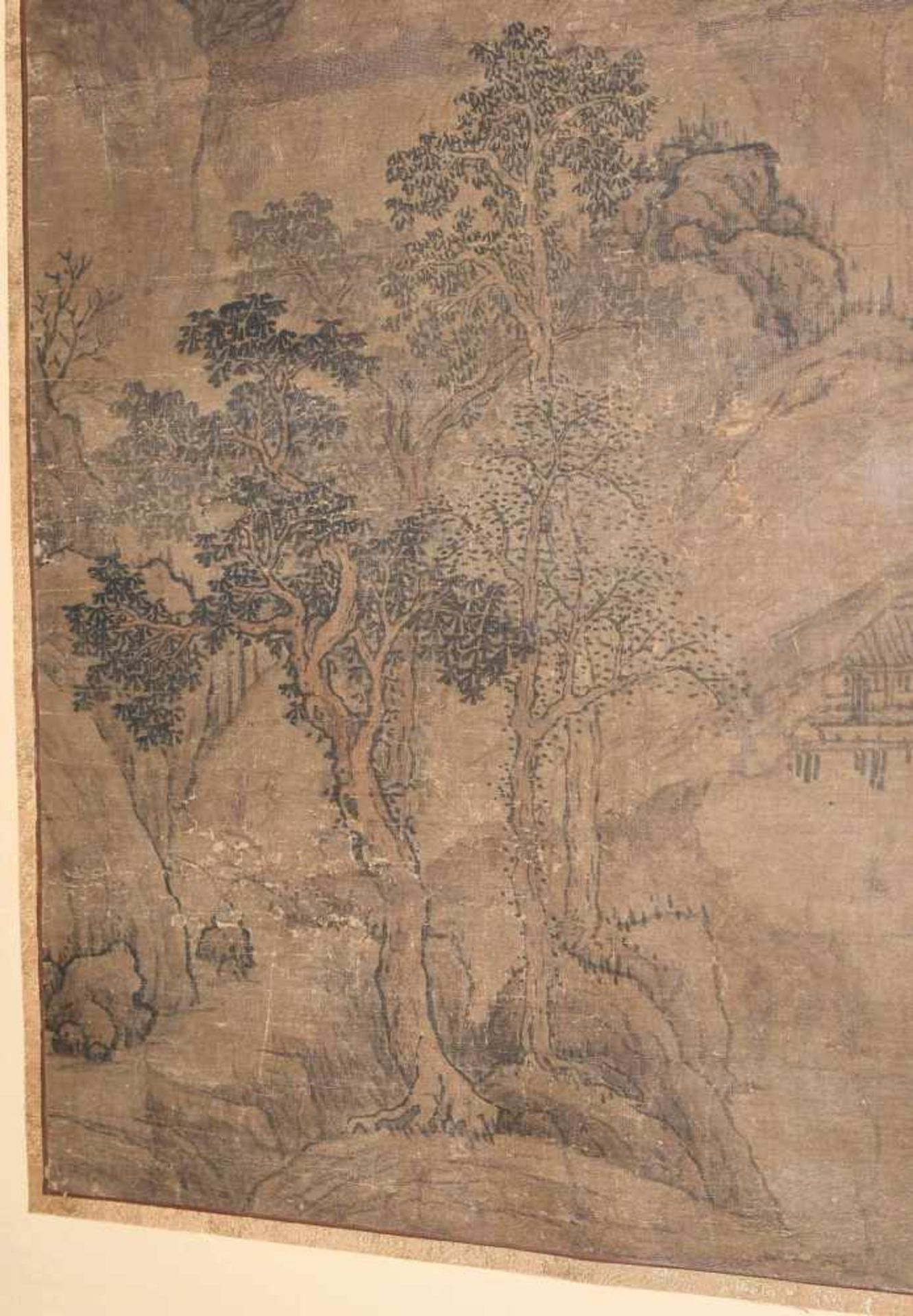 Cao Zhibai (1271–1355), zugeschrieben Tusche und Farbe auf Seide. Landschaft mit Pavillon zwischen - Bild 5 aus 9