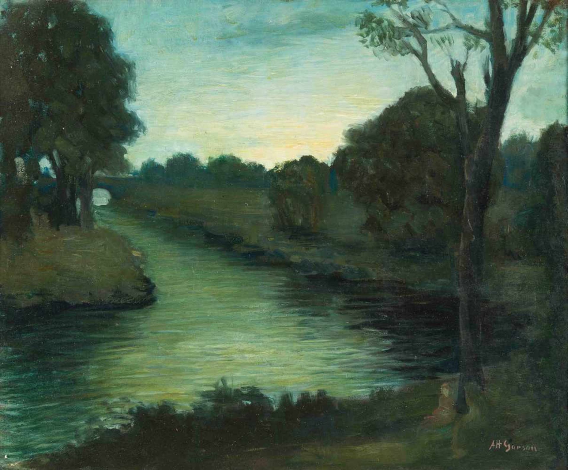 Gorson, Aaron Henry (Kaunas, Litauen 1872–1933 New York) Abenddämmerung am Fluss. Öl auf Leinwand.