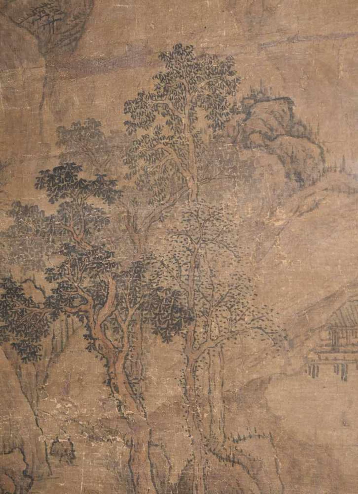 Cao Zhibai (1271–1355), zugeschrieben Tusche und Farbe auf Seide. Landschaft mit Pavillon zwischen - Bild 4 aus 9