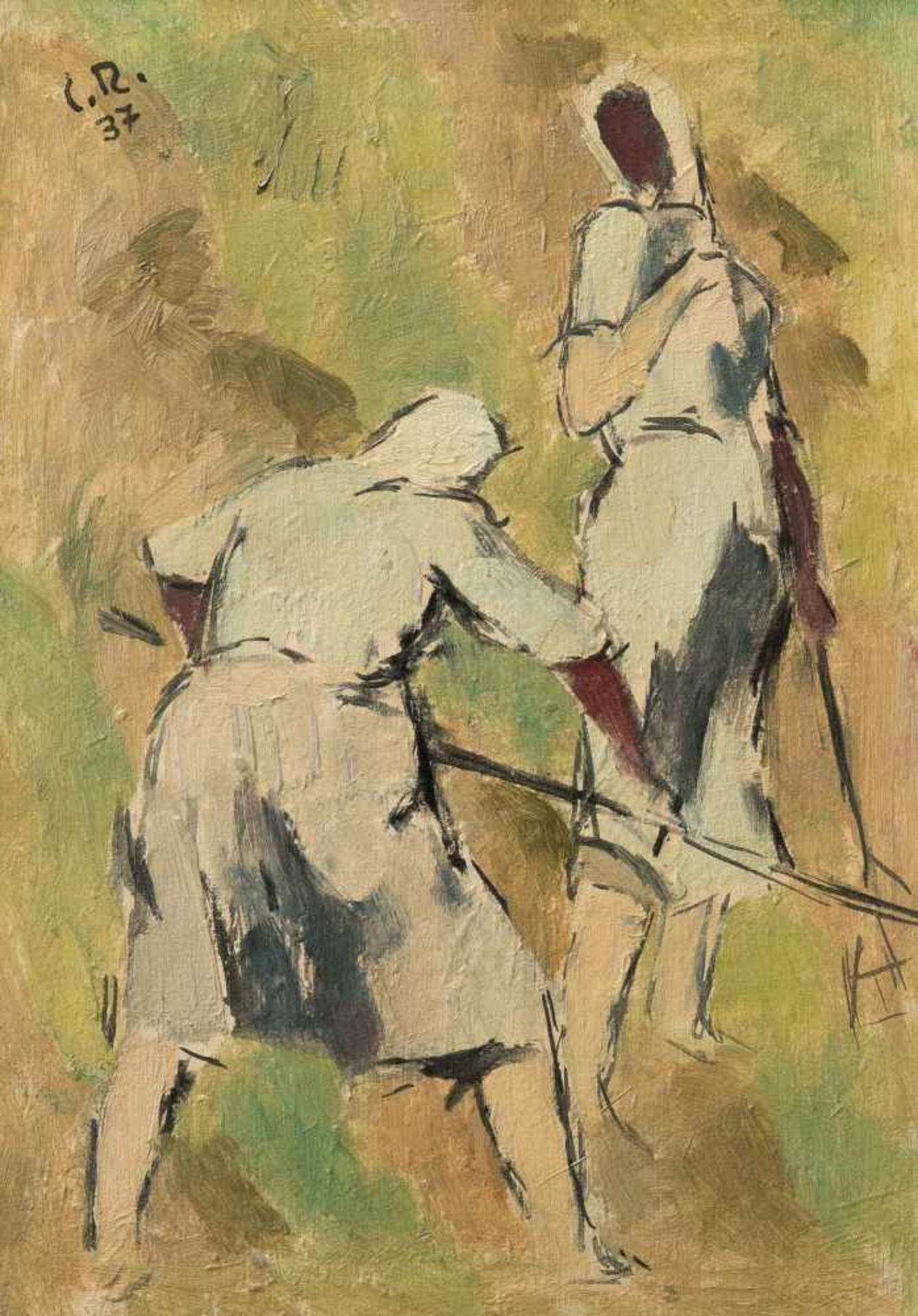 Roesch, Carl (1884 Diessenhofen 1979) Bäuerinnen beim Heuen, 1937. Öl auf Holz. Oben links