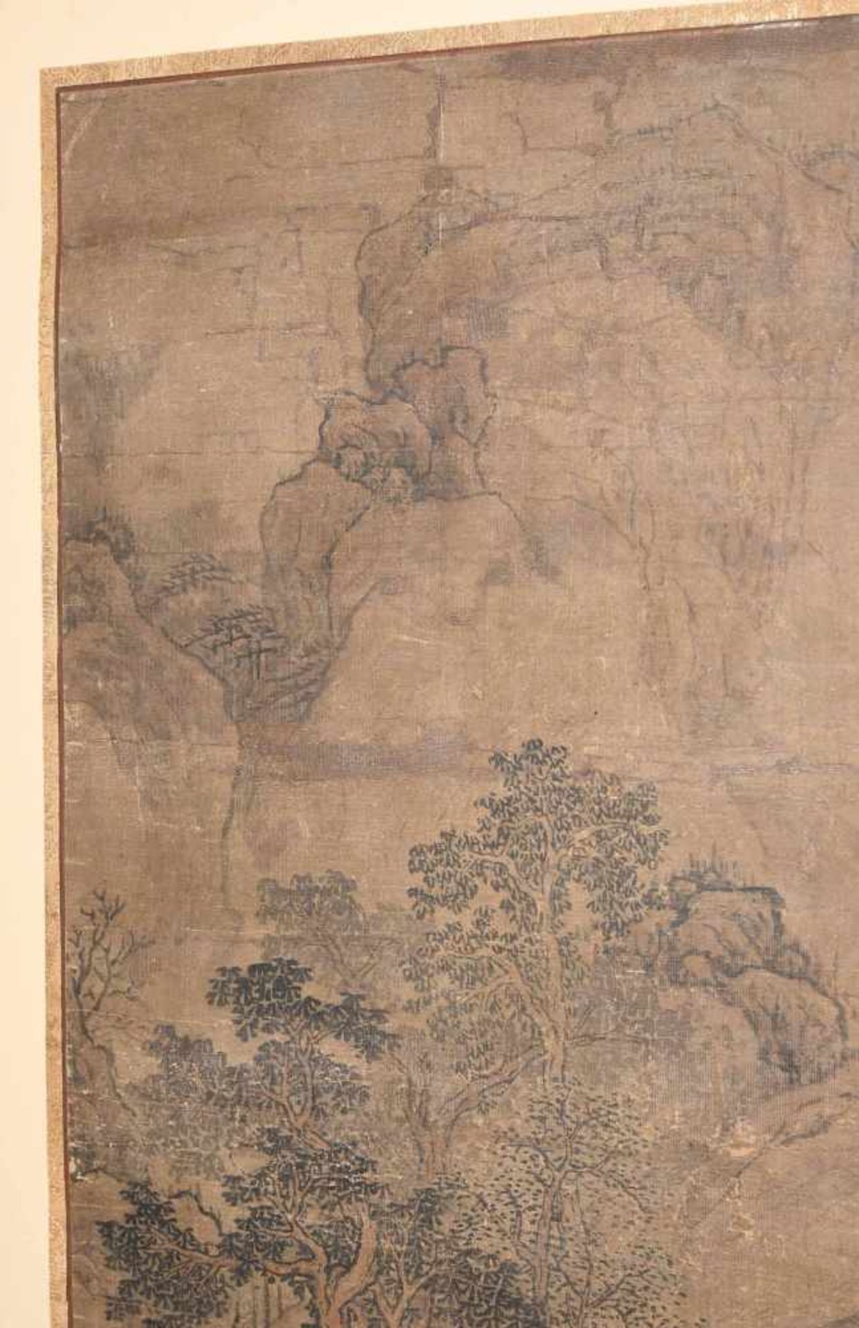 Cao Zhibai (1271–1355), zugeschrieben Tusche und Farbe auf Seide. Landschaft mit Pavillon zwischen - Bild 6 aus 9
