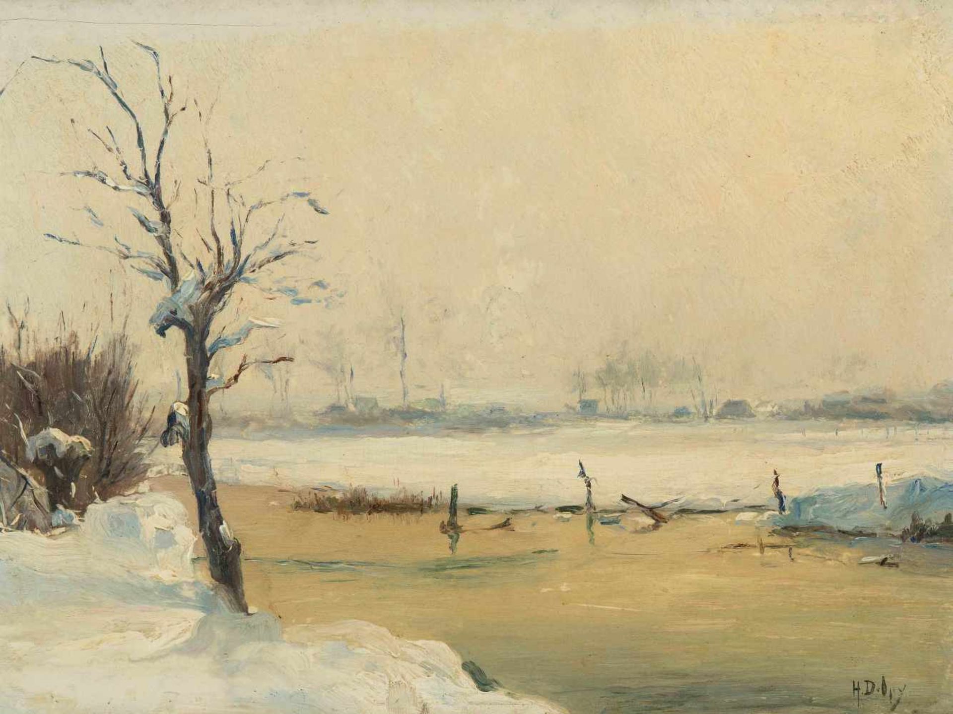 Delpy, Hippolyte Camille(Joigny 1842–1910 Paris) Verschneite Flusslandschaft. Öl auf Holz. Unten