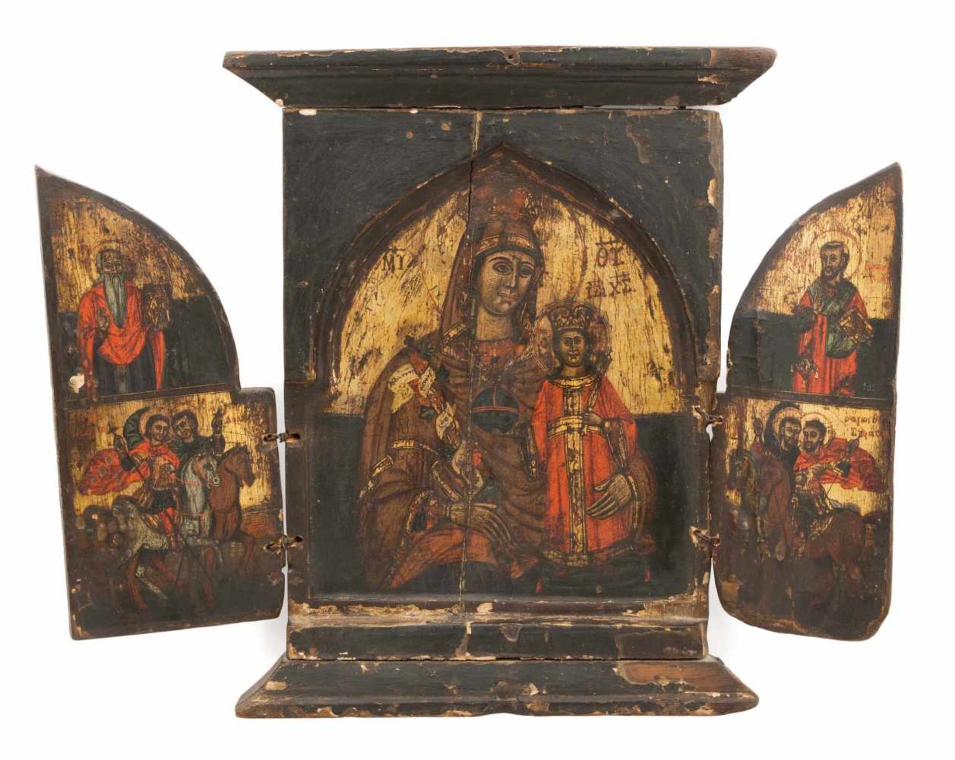 TriptychonGriechisch, 19. Jh. Tempera über Kreidegrund auf Holz. Mitteltafel: Gottesmutter