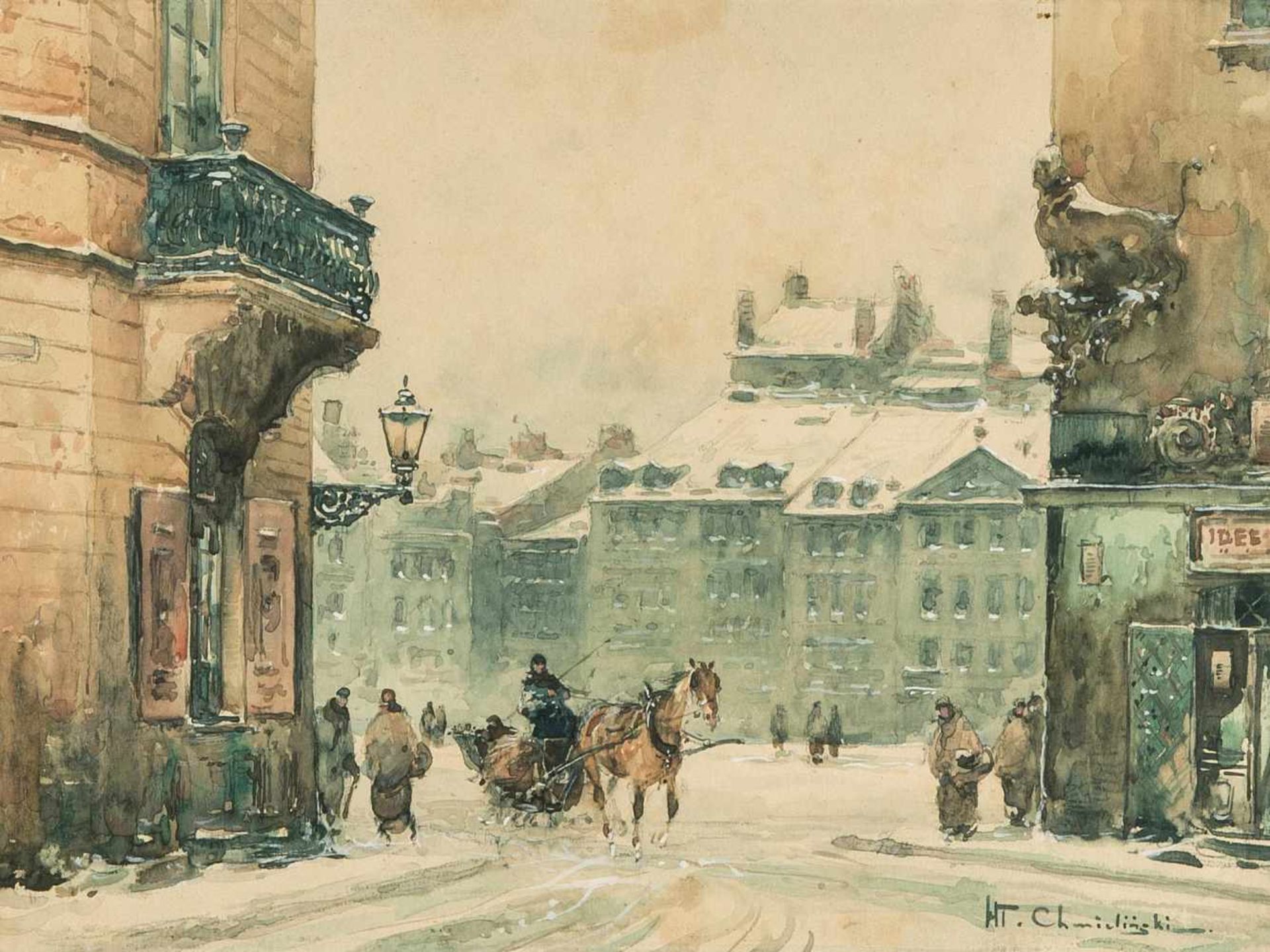 Chmielinski, Wladyslaw(Warschau 1911–1979 Warschau) Stadtansicht im Winter. Aquarell auf Papier.