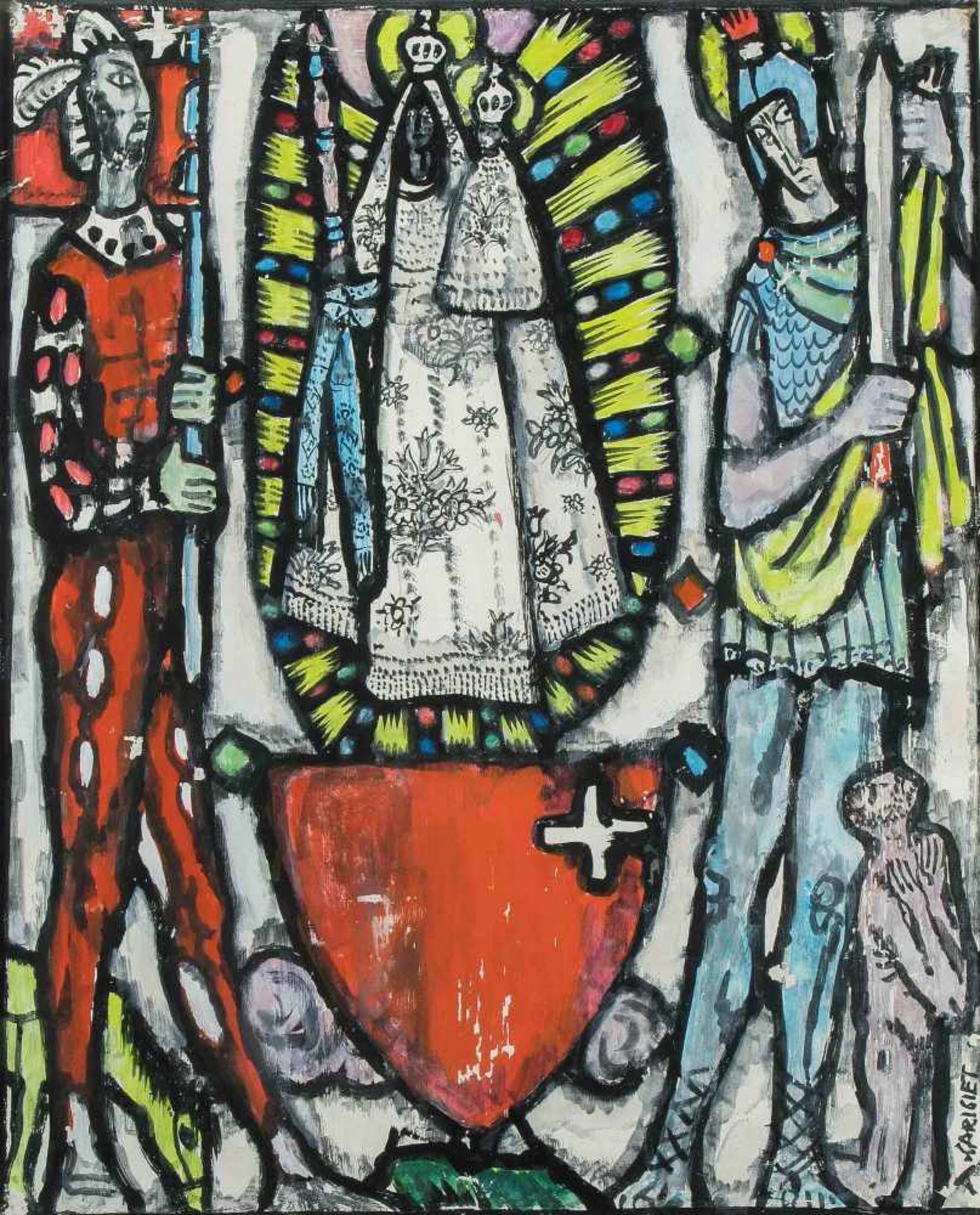 Carigiet, Alois(Trun 1902–1985 Trun) Wächter mit schwarzer Madonna und Schwyzer Standeswappen.