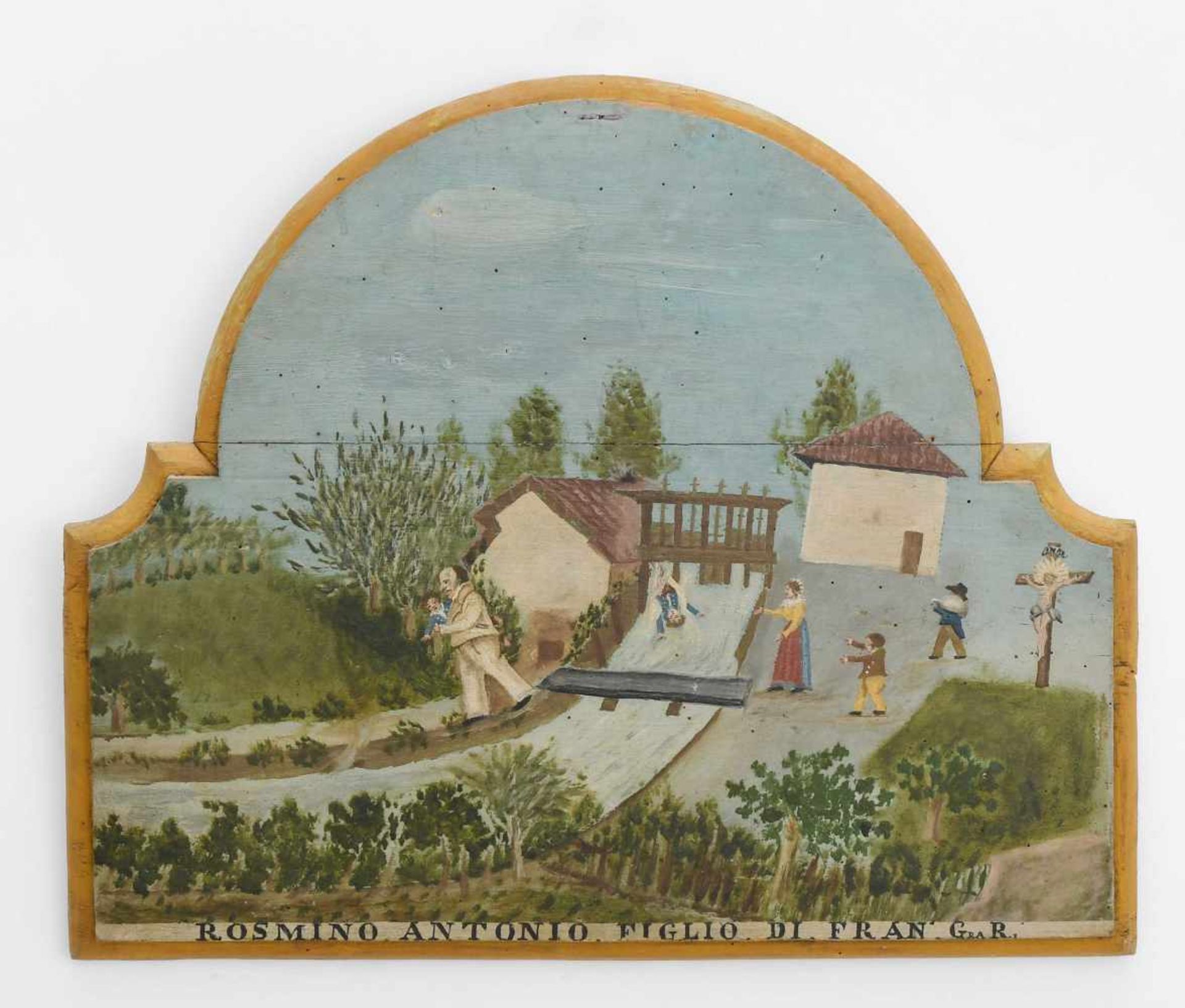 VotivbildPiemont, um 1800. Öl auf Holz. Rechteckige Tafel mit geschweiftem Abschluss.
