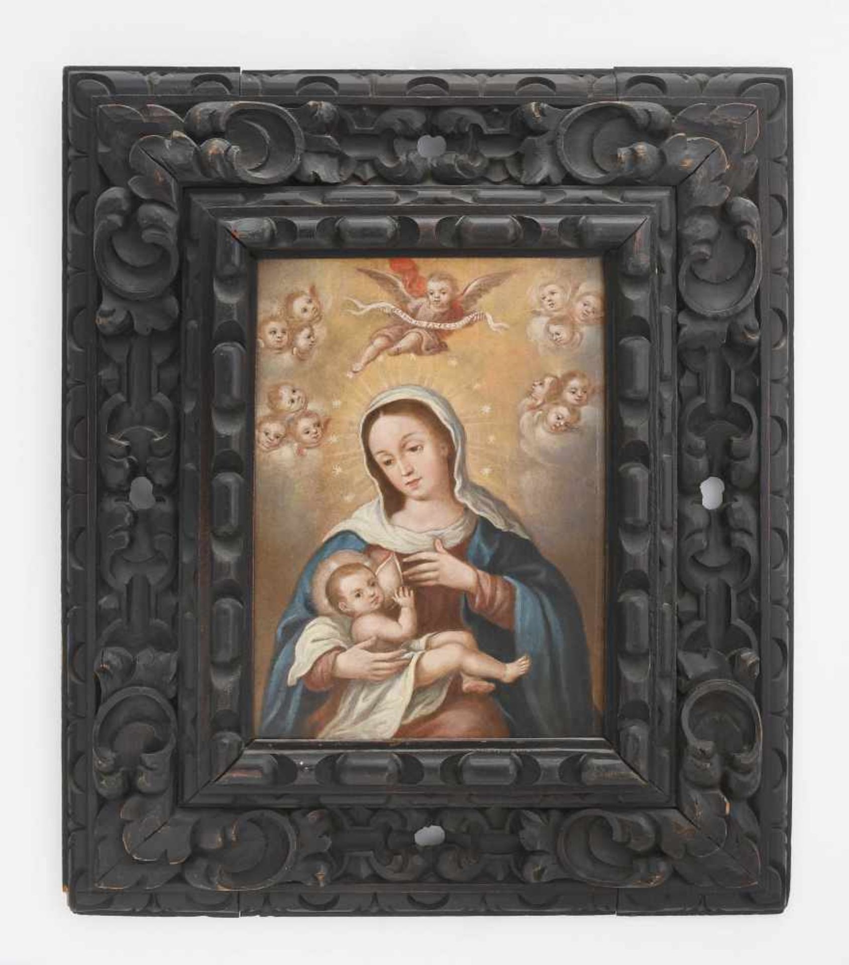 AndachtsbildAnonym, um 1800. Öl auf Holz. Maria lactans vor gewolktem Hintergrund mit Putti. 26 × 19
