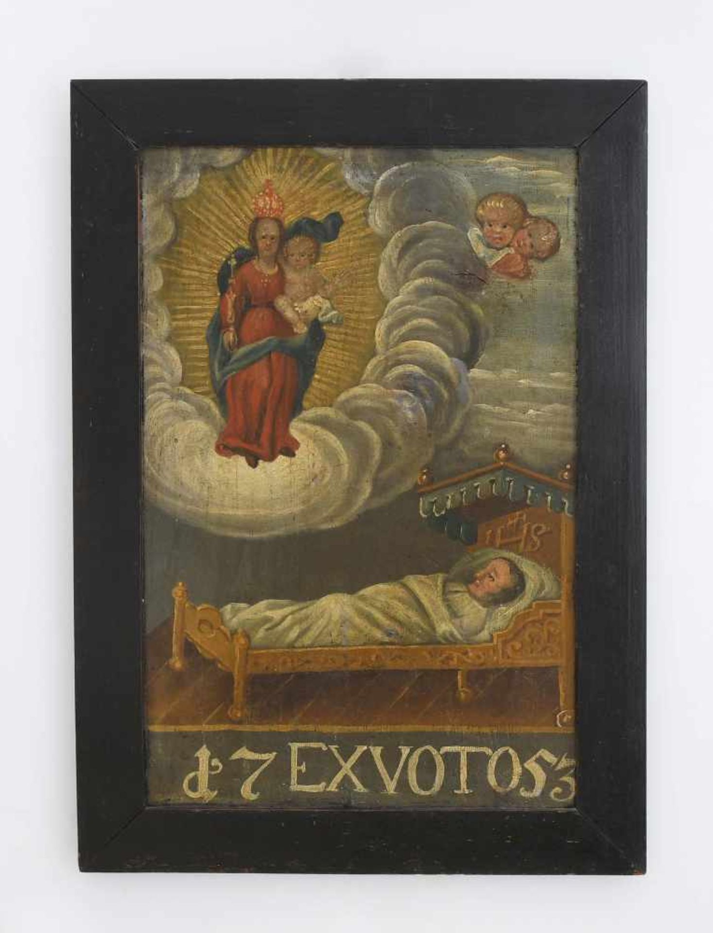 VotivbildAlpenländisch, datiert 1753. Öl auf Holz. In den Wolken Maria mit Krone und Zepter, das