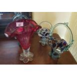 A Ruby glass Vase along with three Murano style Baskets