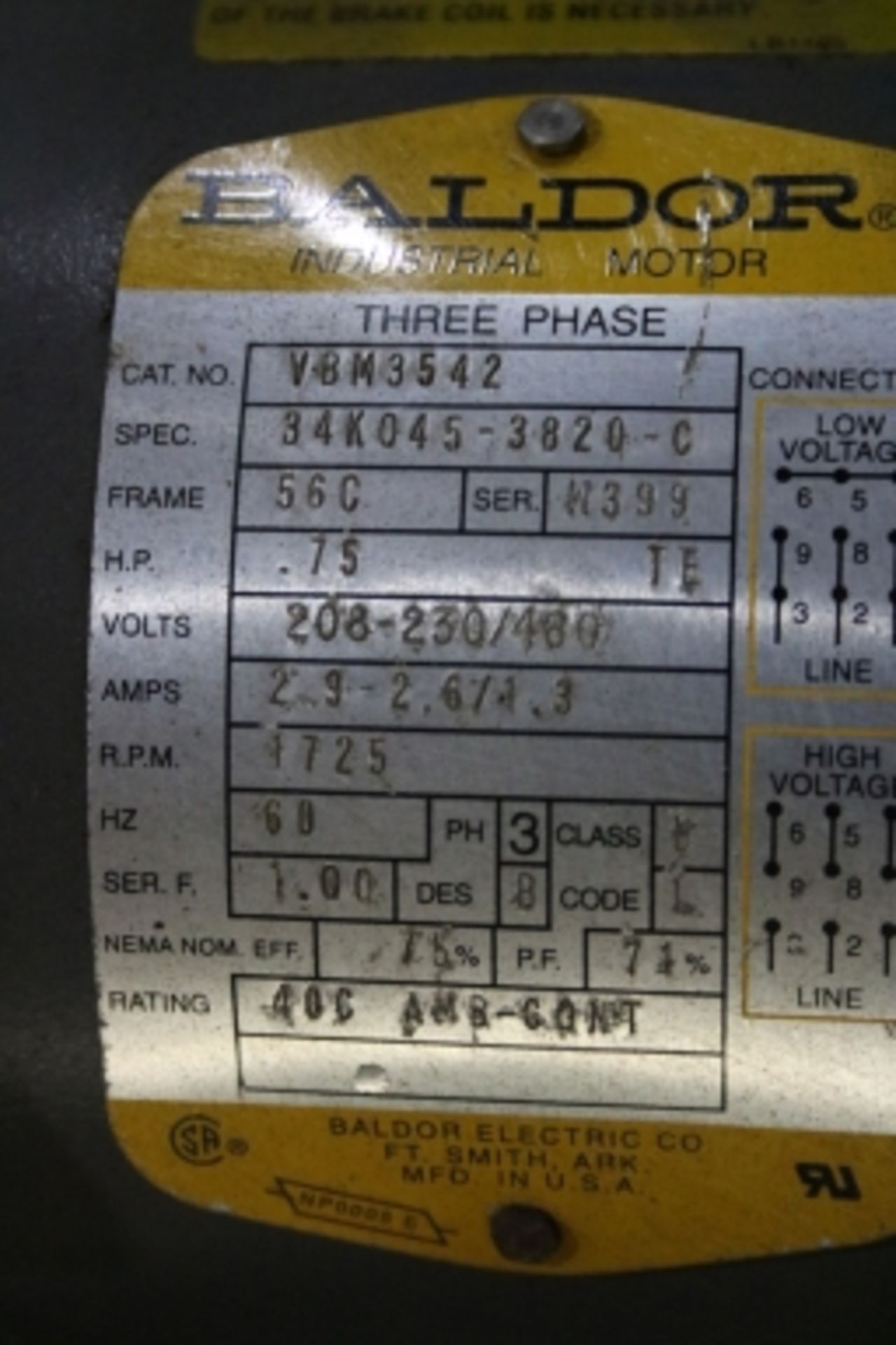 Baldor .75 hp/1725 Rpm Industrial Clutched Motor - Image 3 of 7