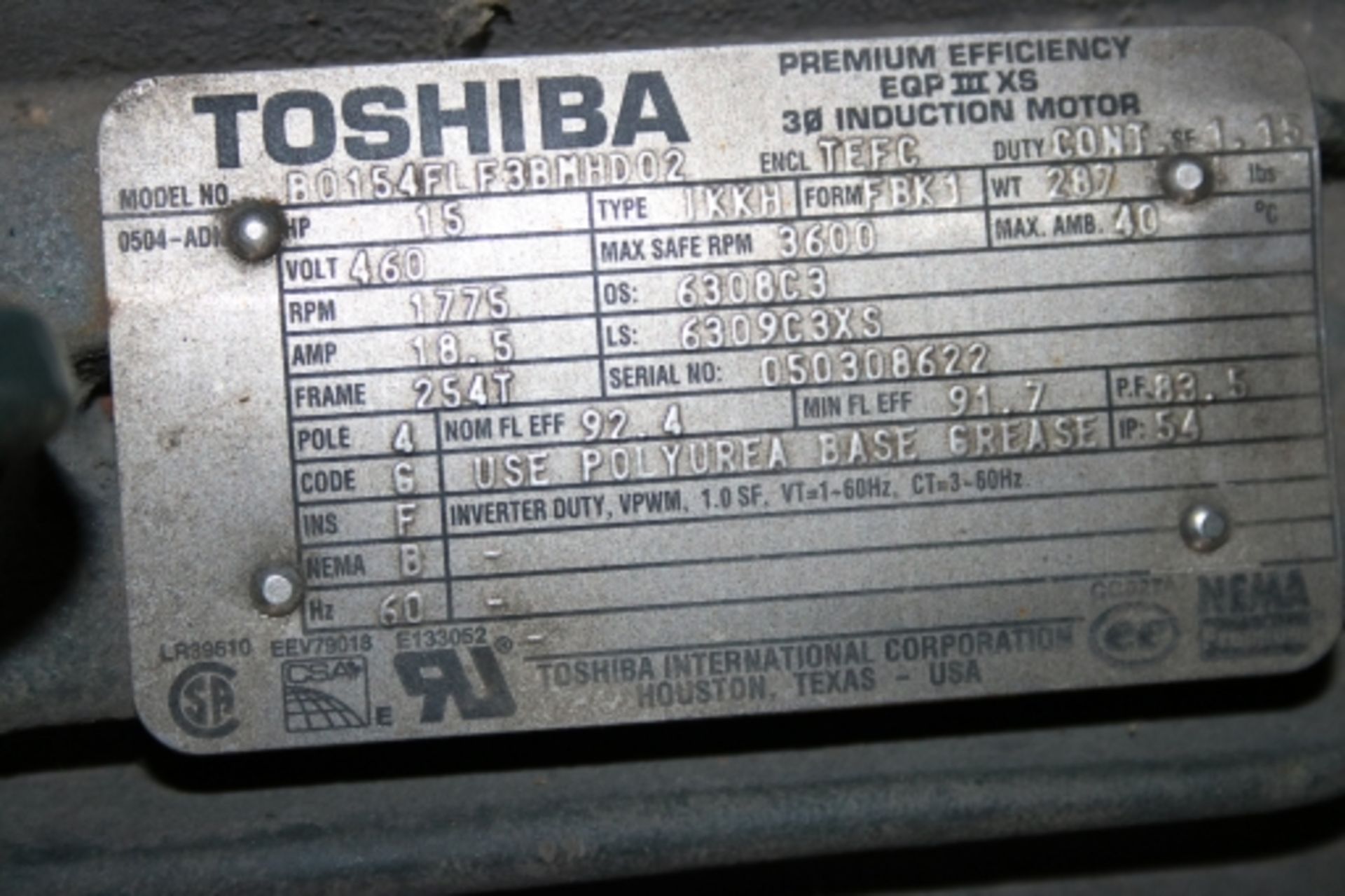 Toshiba EQP III XS 15hp, 3600 RPM Motor - Image 5 of 7