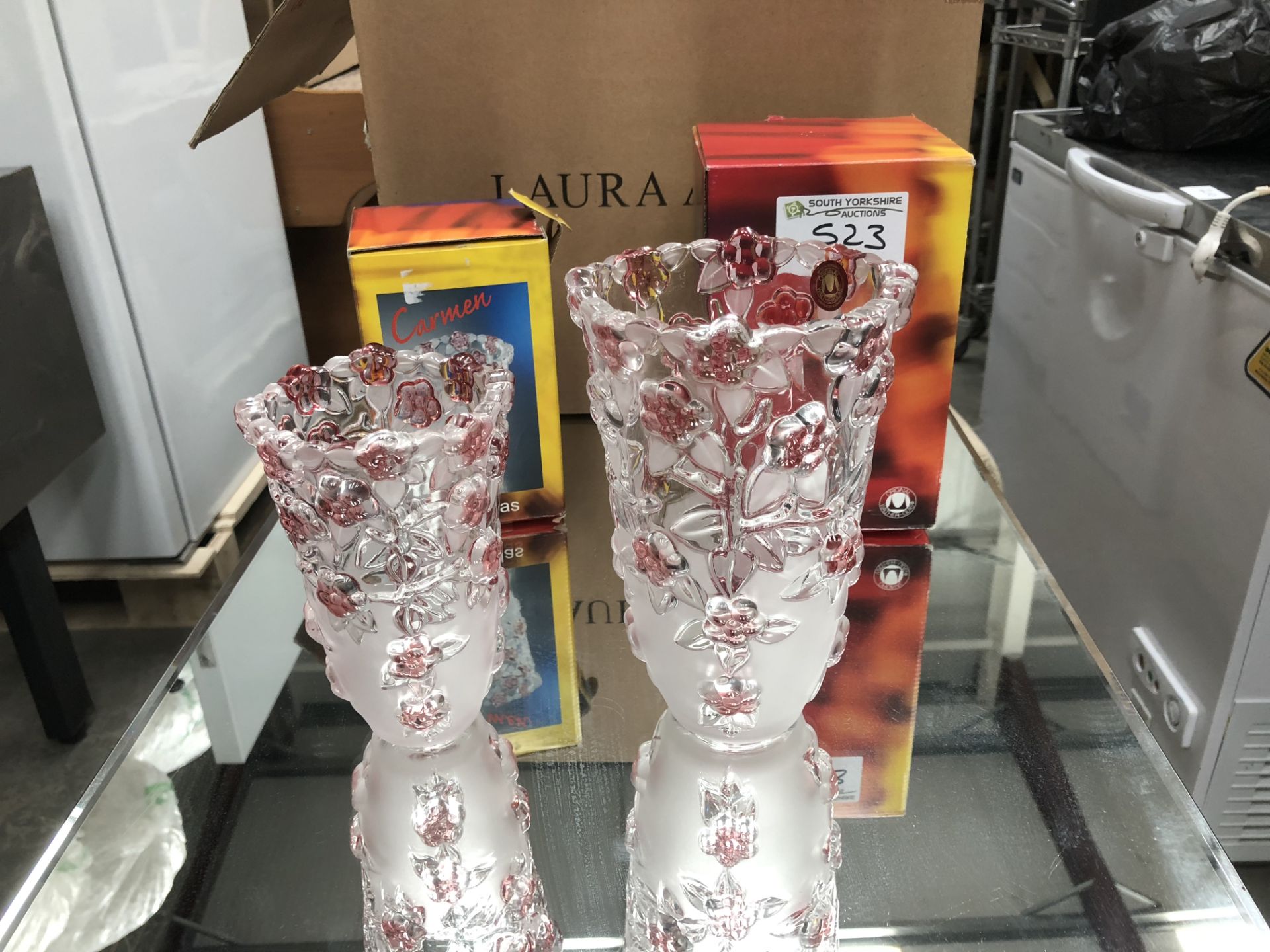 2 x Glass Ornate Vases