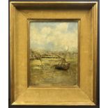 FOLLOWER OF EUGENE BOUDIN 1824- 1898 OIL ON BOARD - REMAINS OF A SHIP IN SAND