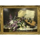 DESIRE ALFRED MAGNE SIGNED OIL ON CANVAS - MANDOLIN & FLOWERS 60CM X 90CM IN GILT FRAME