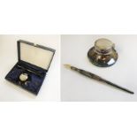 BOXED HALLMARKED SILVER INKWELL & PEN