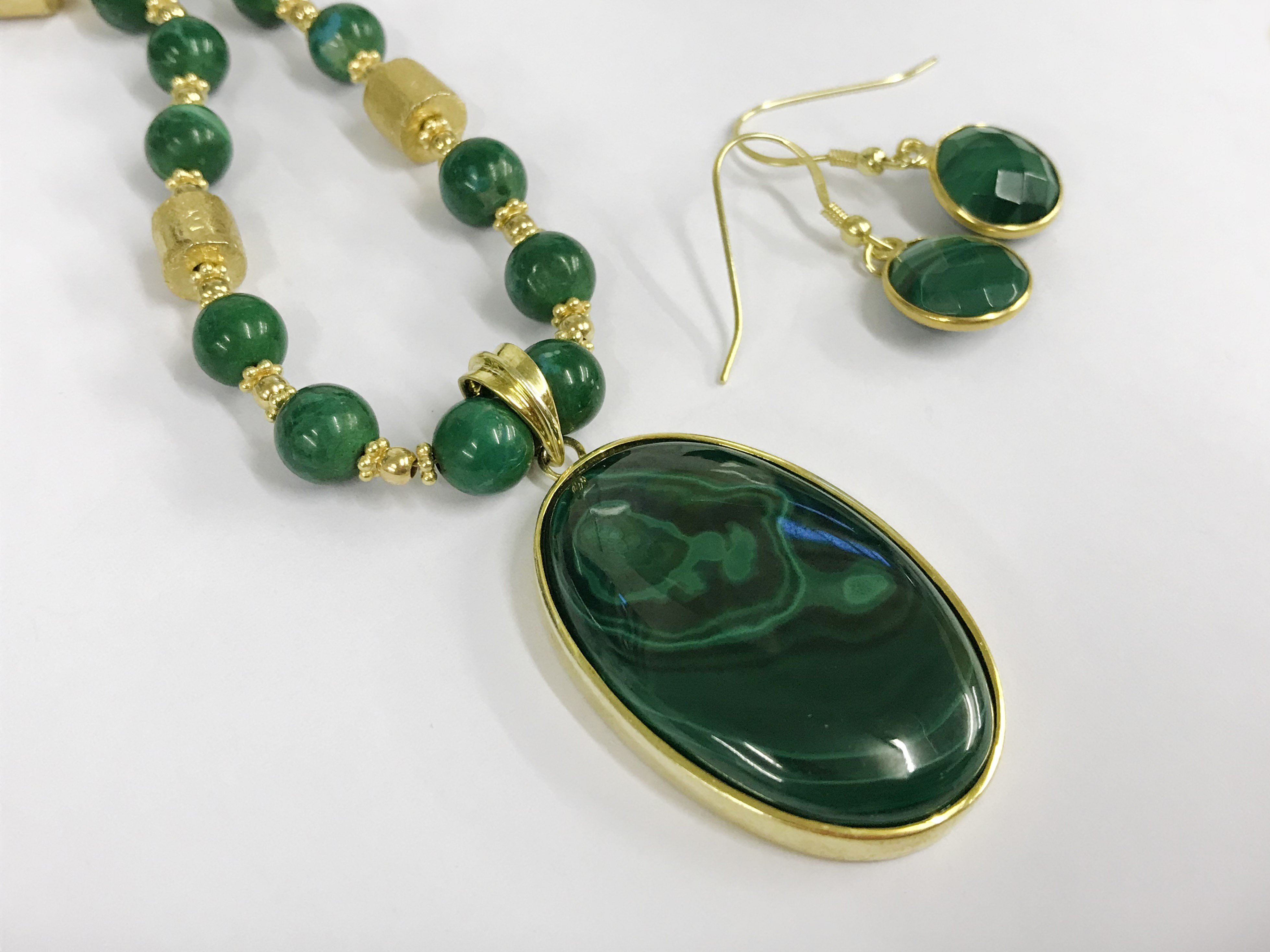 14k gilt sterling silver malachite necklace and earrings - Image 3 of 3