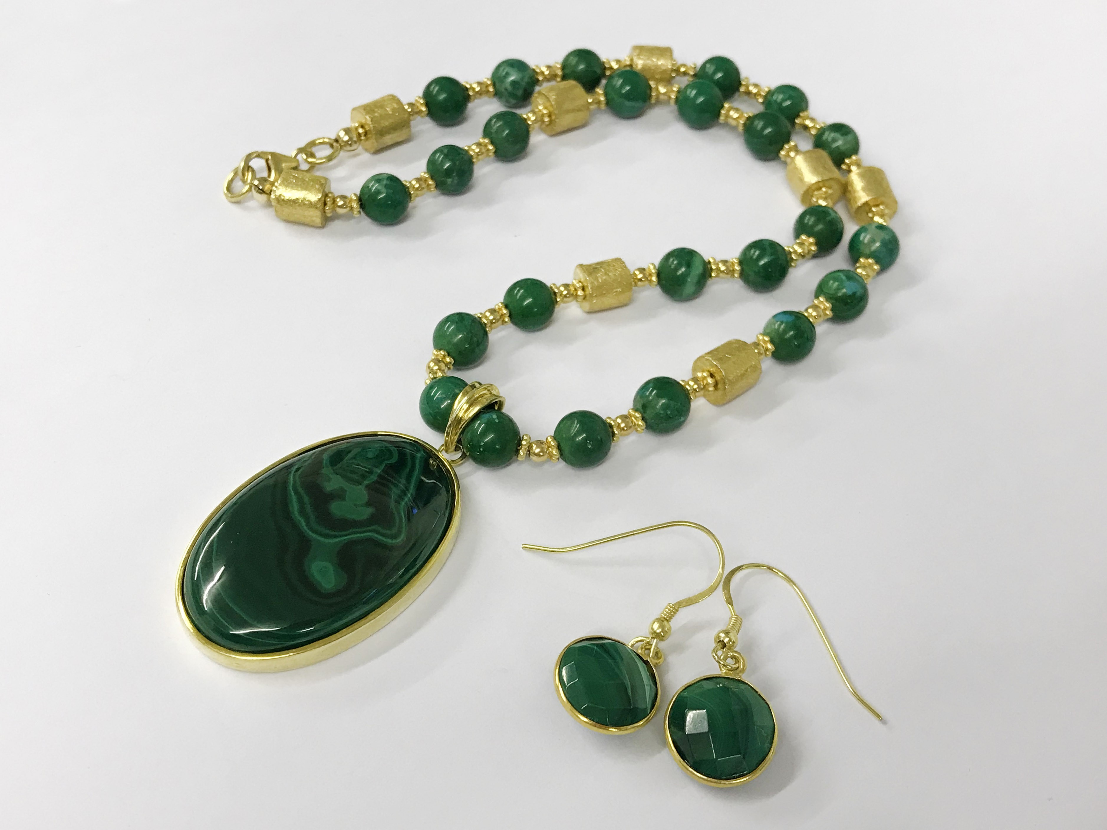 14k gilt sterling silver malachite necklace and earrings - Image 2 of 3