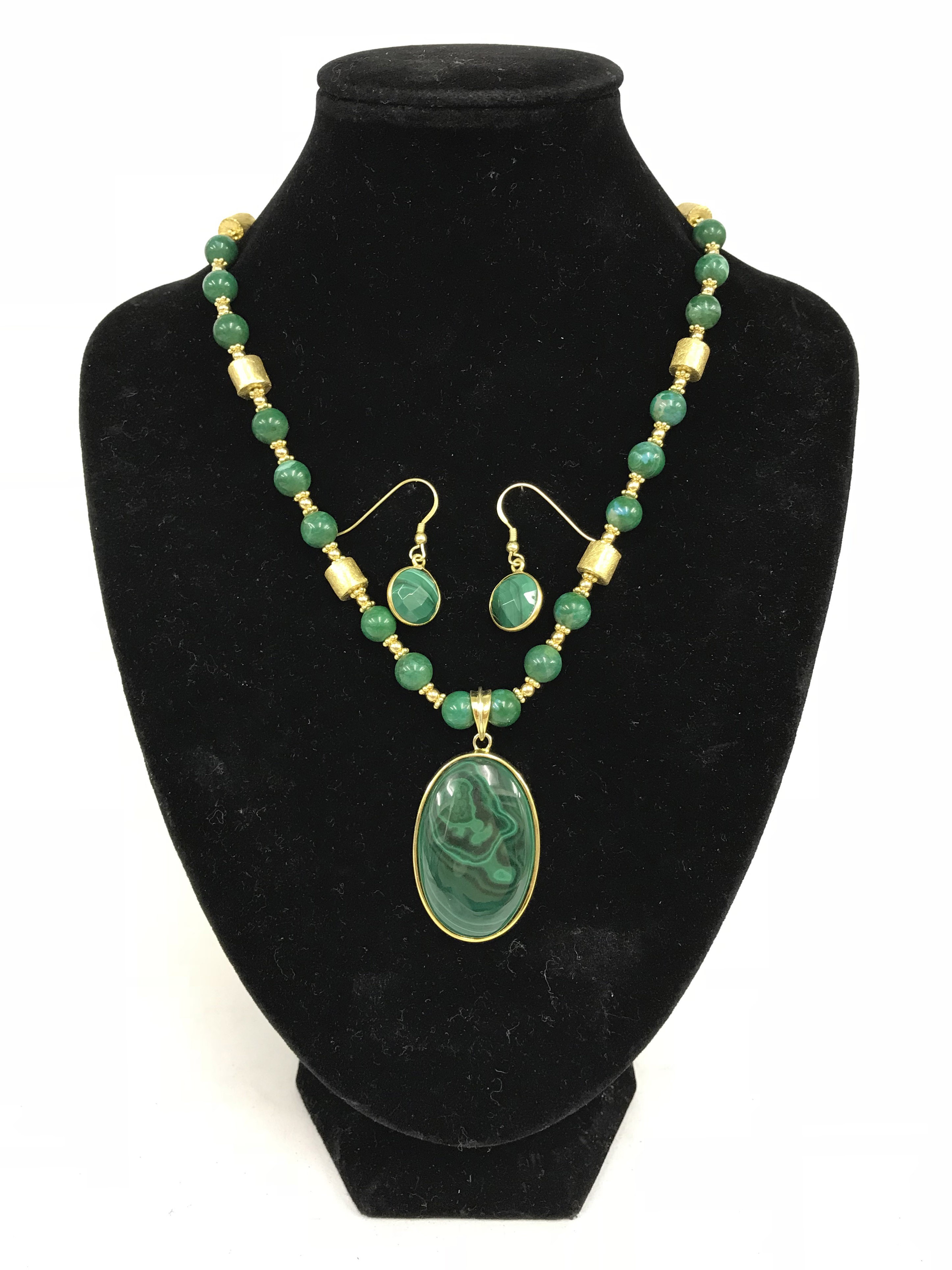 14k gilt sterling silver malachite necklace and earrings