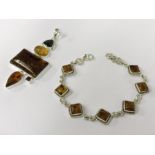 sterling silver amber bracelet and pendent