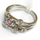 WHITE GOLD MULTI-STONE DIAMOND AND PINK SAPPHIRE RING
