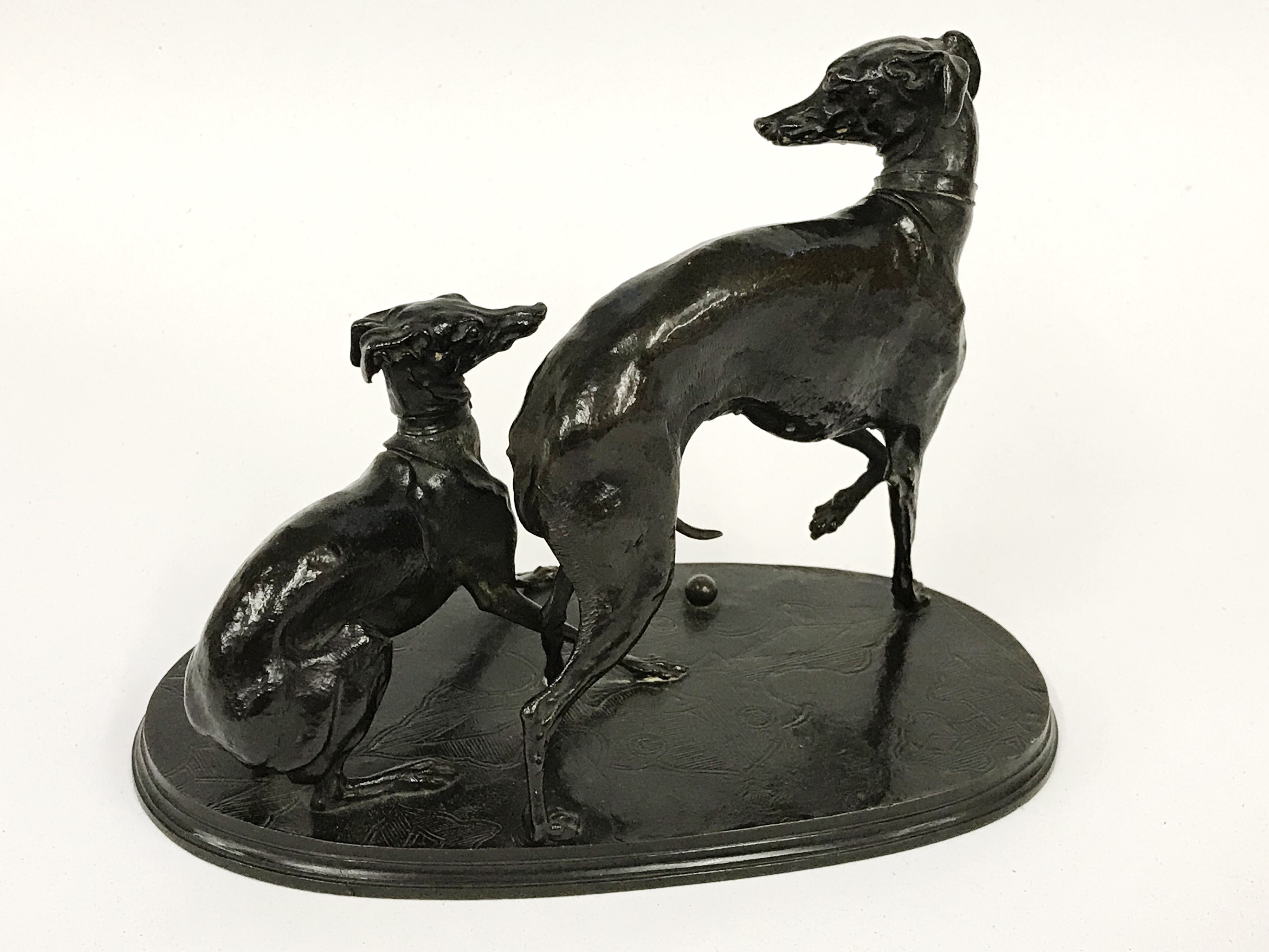 BRONZE FIGURINE - TWO WHIPPETS ON OVAL BASE SIGNED PJ MENE - Image 5 of 9