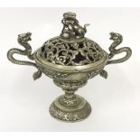 CHINESE WHITE METAL CENSER (DRAGONS & FOE DOG)