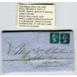 TWO PENCE BLUE FEB 1855 PAIR ON ENTIRE, Plate 4