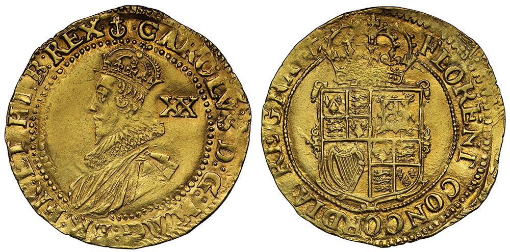 Charles I (1625-49), gold Unite, group B, second crowned and draped bust in ruff left, bust