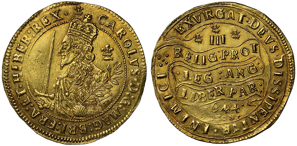 Charles I (1625-49), gold Triple Unite, 1644, crowned armoured half-length figure of King left,