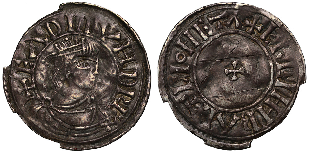 Eadmund (939-946), silver Penny, portrait type, East Anglian style, Moneyer Ergimbalt, crowned and