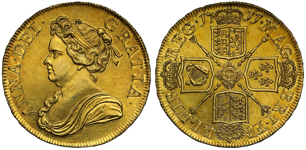 Anne (1702-14), gold Five Guineas, 1711, second draped bust left, legend and toothed border