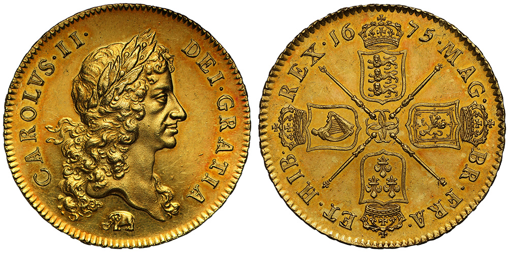 Charles II (1660-85), gold Five Guineas, 1675, elephant below first laureate bust right similar