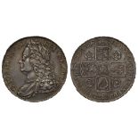 George II (1727-60), silver Crown, 1743, roses reverse, older laureate and draped bust left, Latin