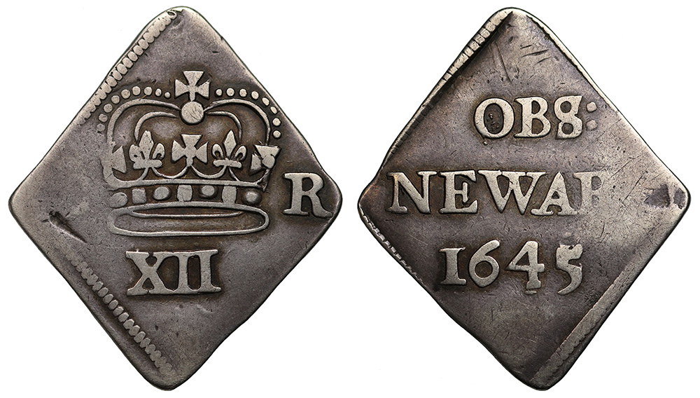 Charles I (1625-49), silver obsidional Newark Shilling, 1645, Royal crown, C to left, R to right,