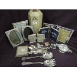 A selection of plated ware including photograph frames, spoons, quaich etc and a stone bed bottle
