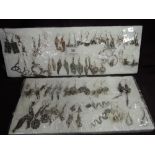 Two trays of white metal earrings 9approx 36pairs) including fairies, cats, articulated fish etc