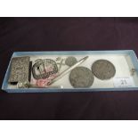 A small selection of HM silver including two Maria Theresa thaler coins, match box cover,