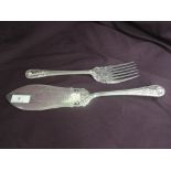 A pair of silver plated fish servers by Elkington & Co having Greek mythical moulded decoration