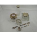 A small selection of HM silver including glass dressing table pots, glass ink well with silver