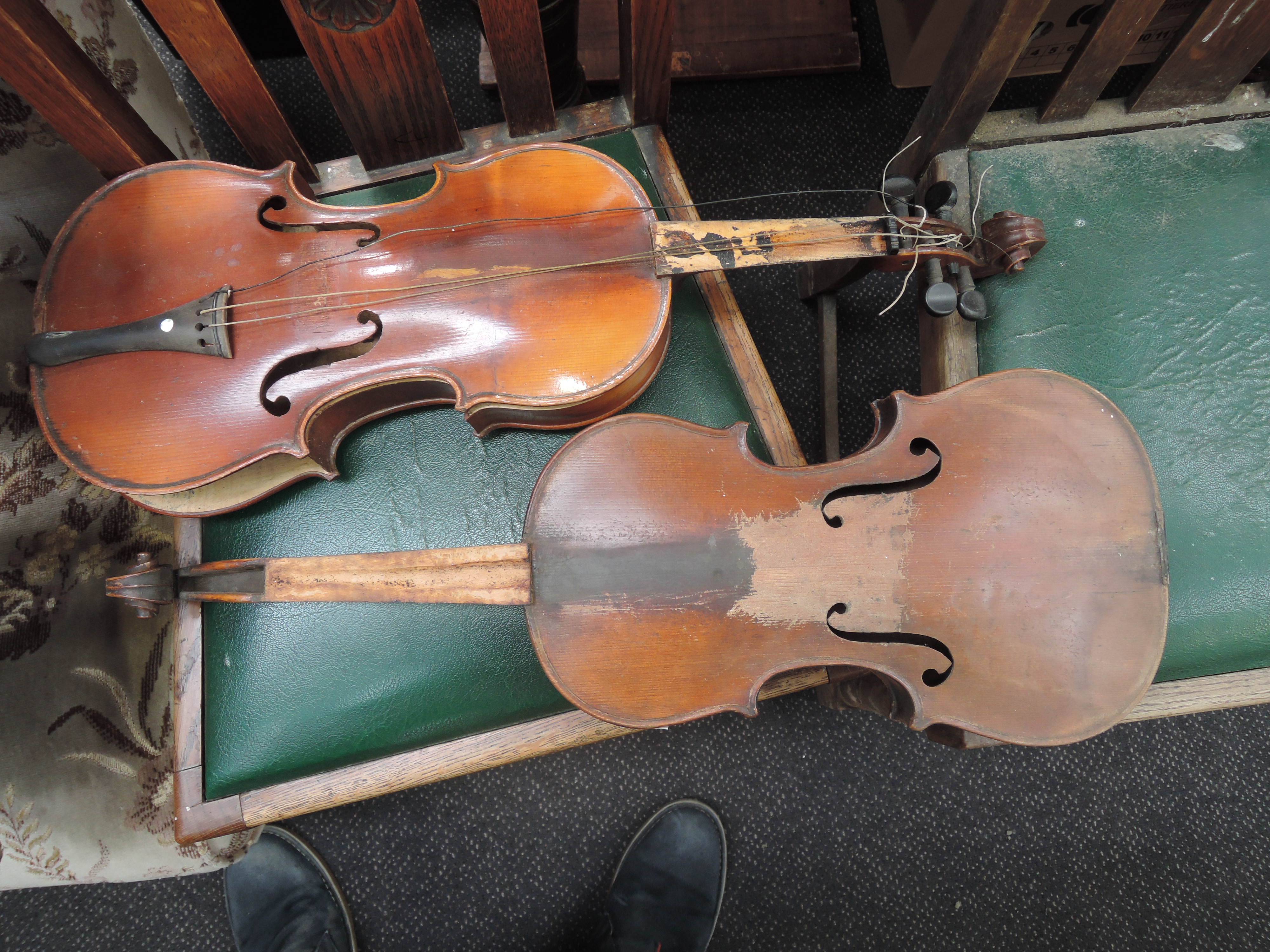Two traditional violins, in some disrepair , with additional spares and one hard case, one - Image 2 of 4