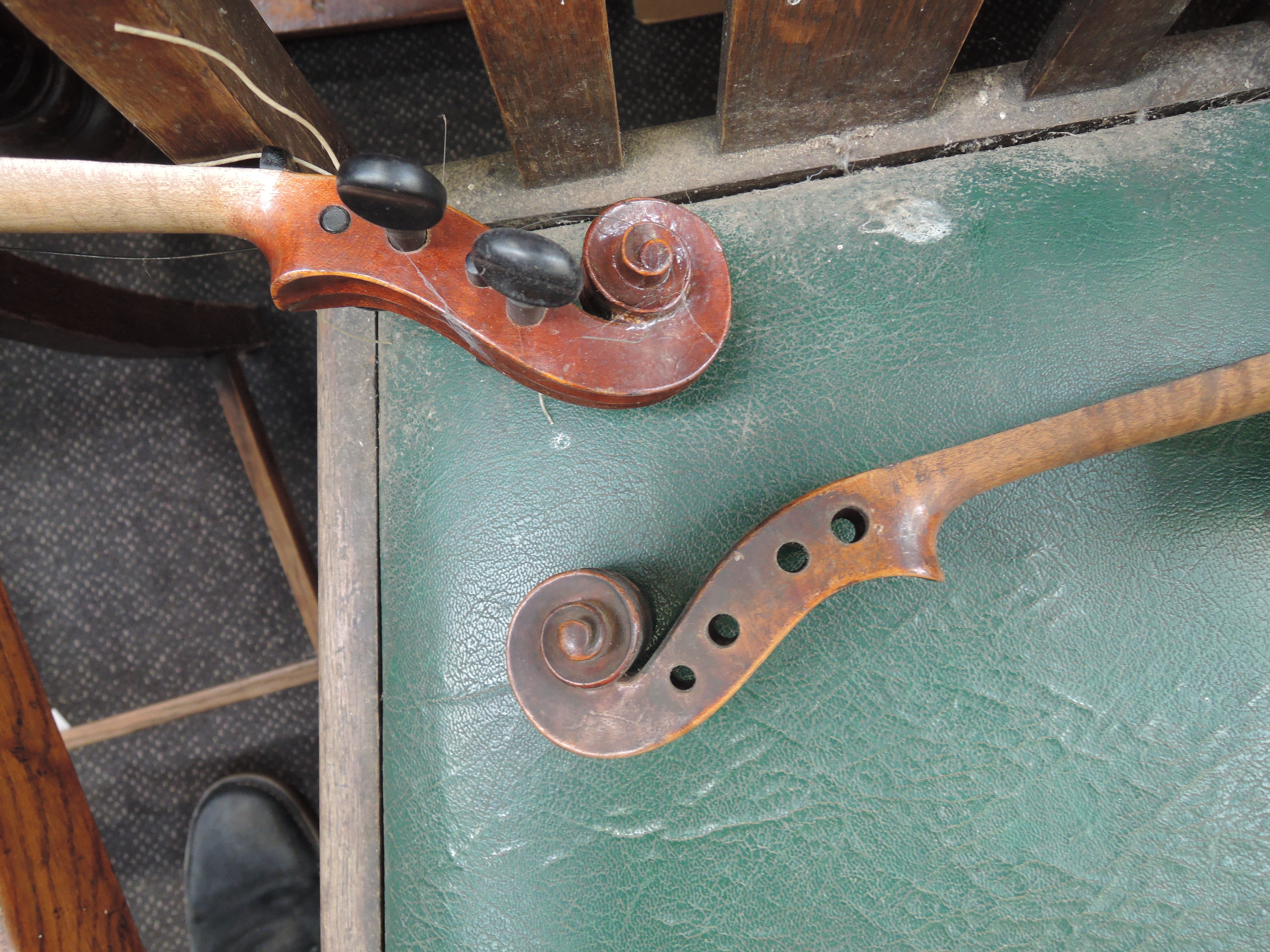 Two traditional violins, in some disrepair , with additional spares and one hard case, one - Image 4 of 4