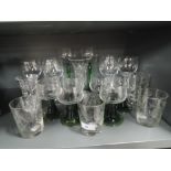 A selection of vintage glass wares clear cut and crystal with green stem