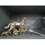 A selection of cast figures and figurines including model hunting hound with game bird