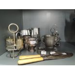 A selection of vintage plated table wares and similar including pewter love cup with touch march