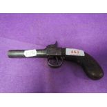 A small muzzle loading percussion pistol possibly Belgium, proof marks on underside of barrel,