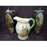 A pair of late 19th century stoneware flasks having handpainted pictorial landscape decoration and a