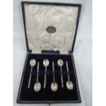 A cased set of six silver coffee spoons of plain architectural form, Sheffield 1943, James Dixon &