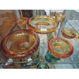 Six pieces of Whitefriars amber bubble glass, various sizes.