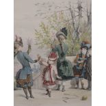 A pair of watercolours, Jules David, French, family groups, signed and attributed verso and dated